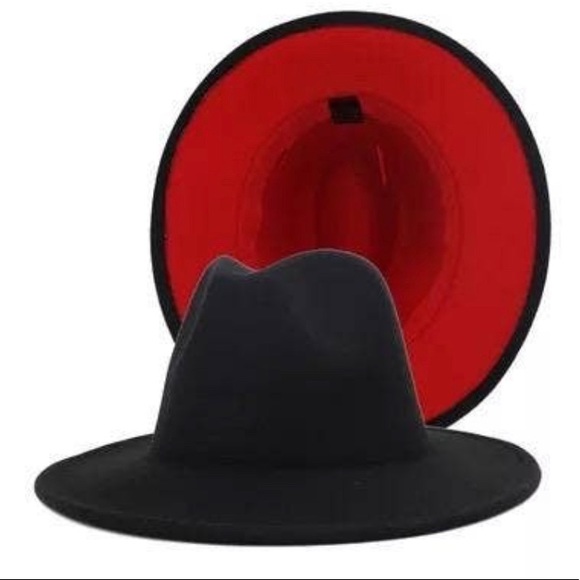 Two Color Black + Red Felt Flat Brim Fashion Fedora Hat - Picture 3 of 4